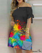 Off Shoulder Sexy Short Sleeve Bow Tie Striped Floral Print Mini Dress