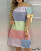 Off Shoulder Sexy Short Sleeve Bow Tie Striped Floral Print Mini Dress