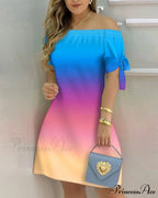 Off Shoulder Sexy Short Sleeve Bow Tie Striped Floral Print Mini Dress