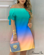 Off Shoulder Sexy Short Sleeve Bow Tie Striped Floral Print Mini Dress