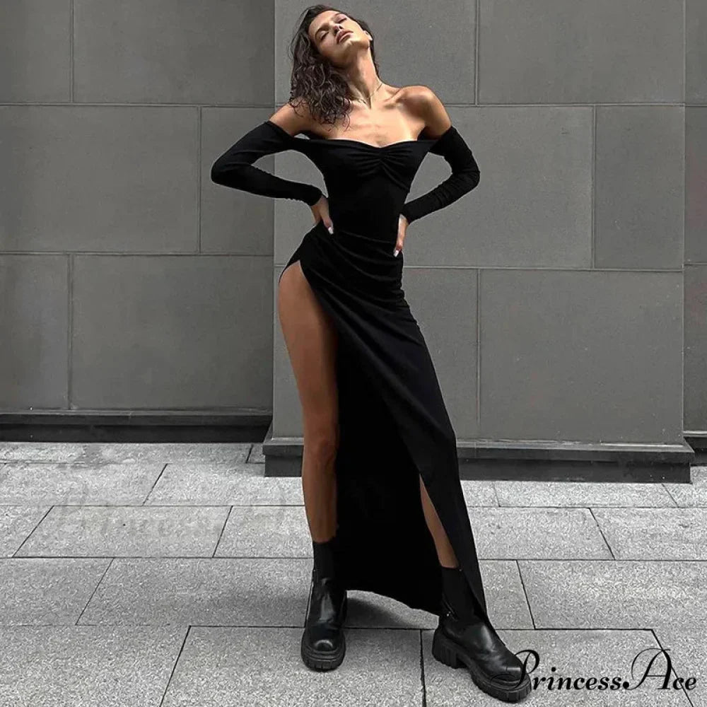 Off Shoulder Sleeve High Split Maxi Dress