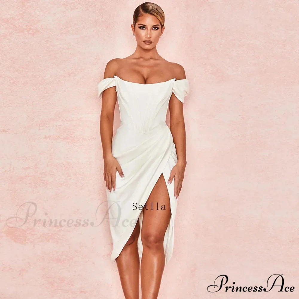 Off Shoulder Split Corset Midi Dress