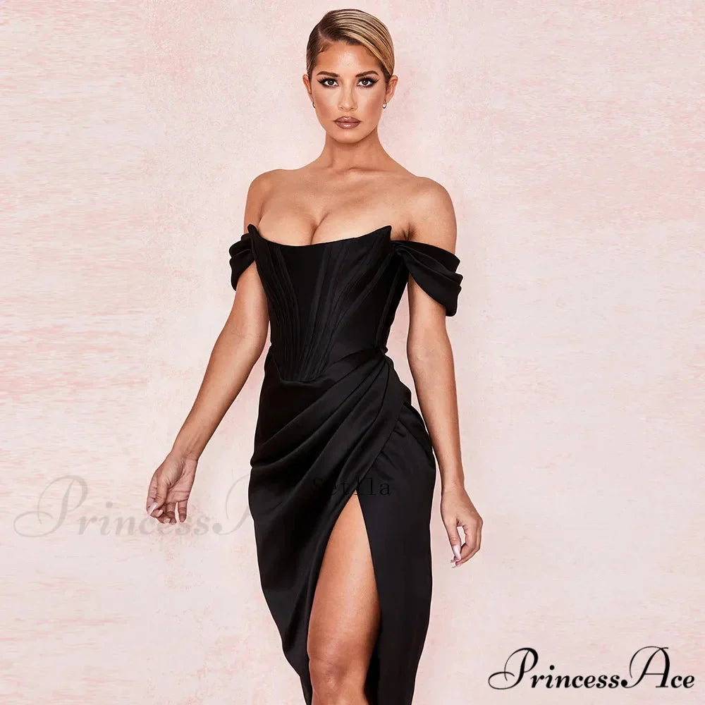 Off Shoulder Split Corset Midi Dress