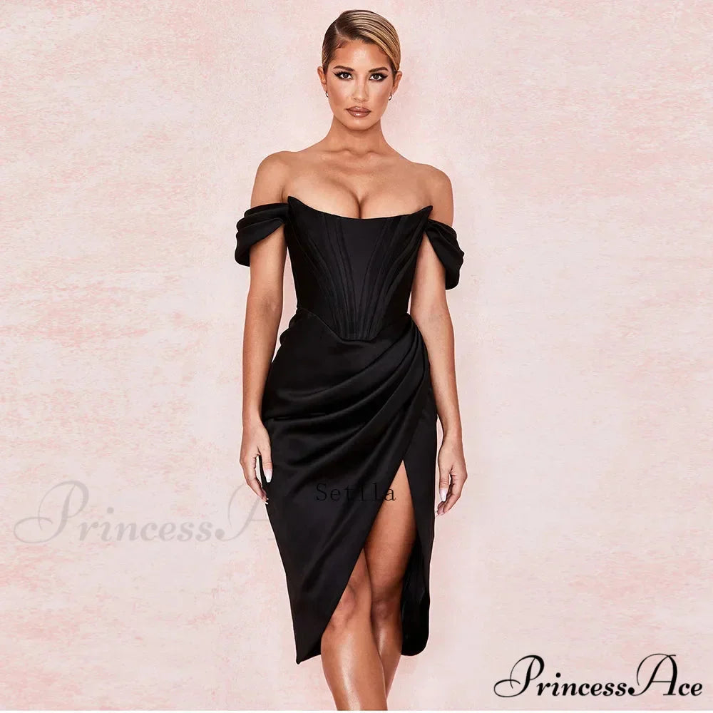 Off Shoulder Split Corset Midi Dress