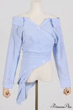 Off Shoulder Striped Blouse with Irregular Long Sleeves