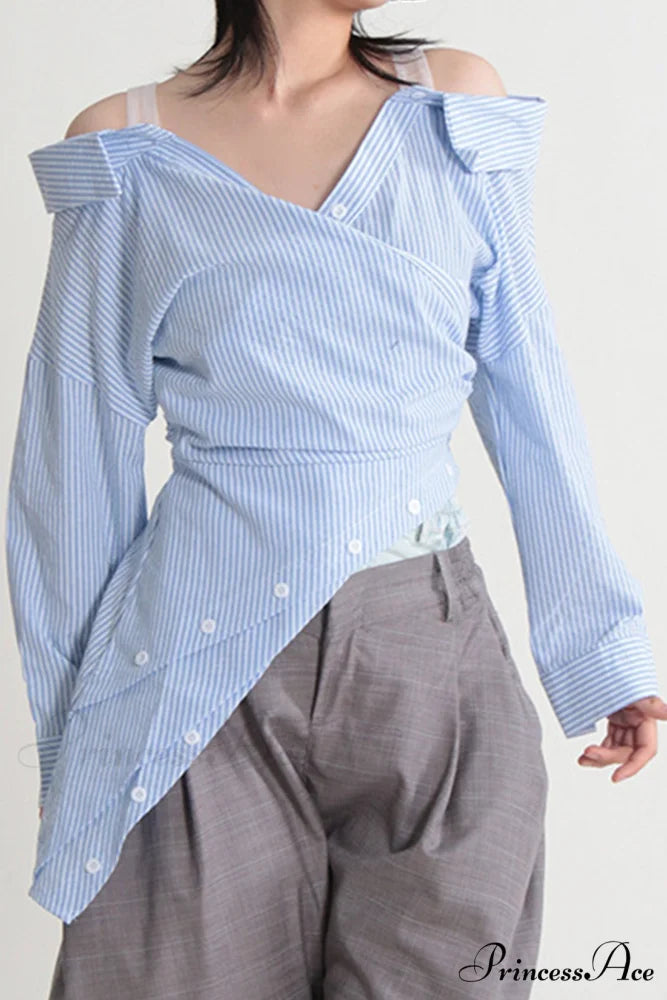 Off Shoulder Striped Blouse with Irregular Long Sleeves