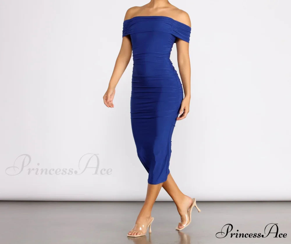 Off Shoulder Stylish Ruched Midi Dress