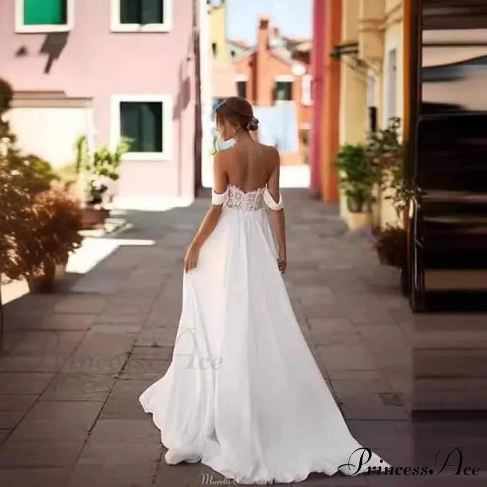 Off-Shoulder Tall Split Long Train Wedding Gown
