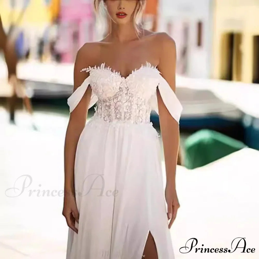 Off-Shoulder Tall Split Long Train Wedding Gown