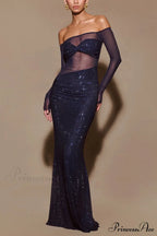 Off-Shoulder Transparent Bodice Midi Prom Dress