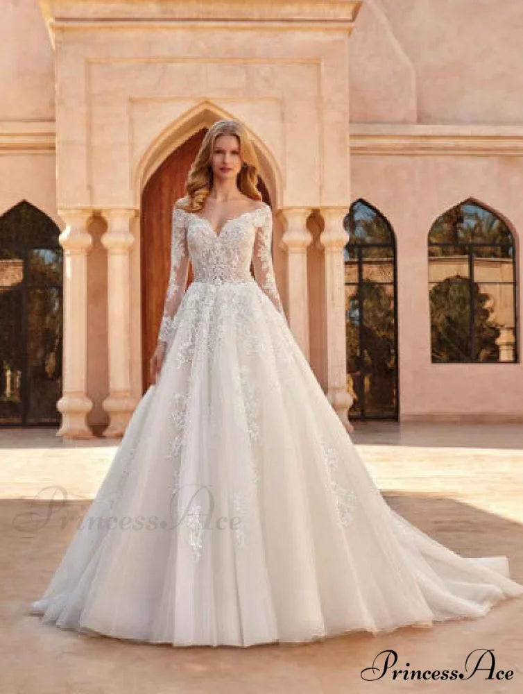 Off-Shoulder V-Neck Wedding Gown