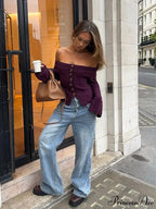 Off-The-Shoulder Button Knit Sweater