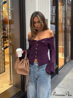 Off-The-Shoulder Button Knit Sweater