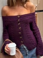 Off-The-Shoulder Button Knit Sweater