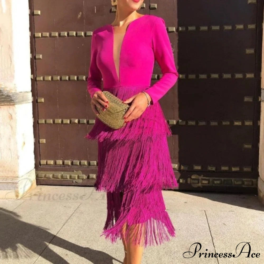 Office Ladies New Rose Red Fringe Sexy Dress