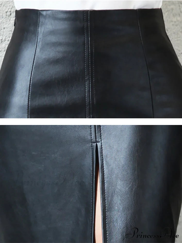 Office Lady Black PU Leather Skirt