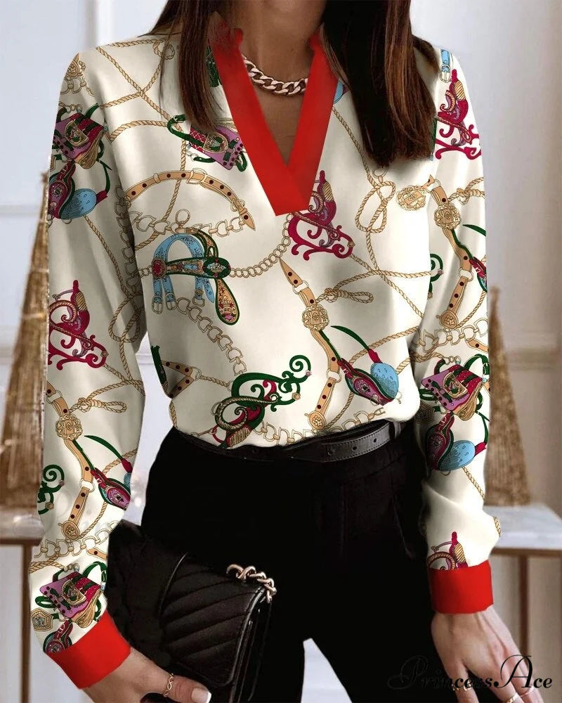 Office Lady Chain Printed Pullover Blouse