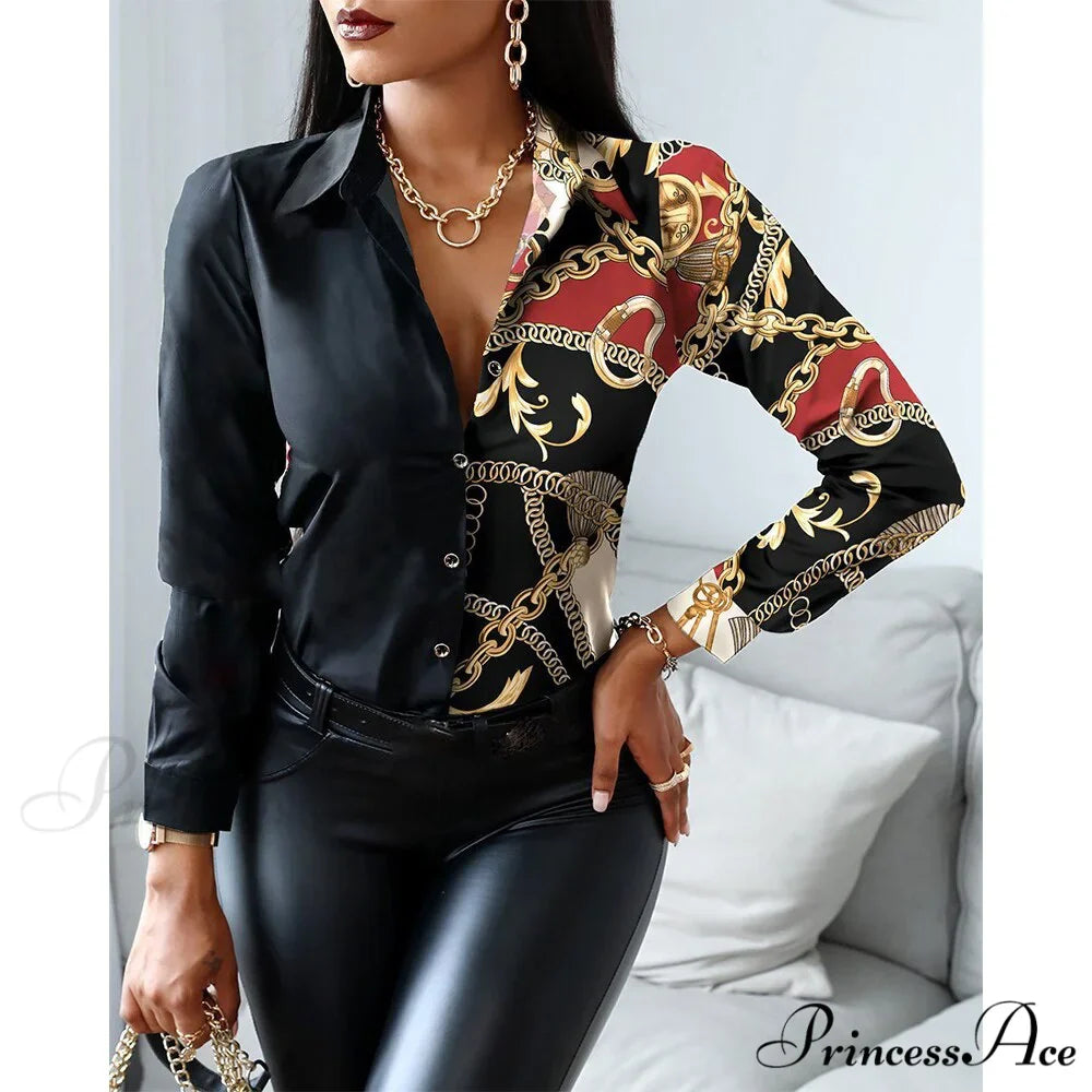 Office Lady Print Button Shirts