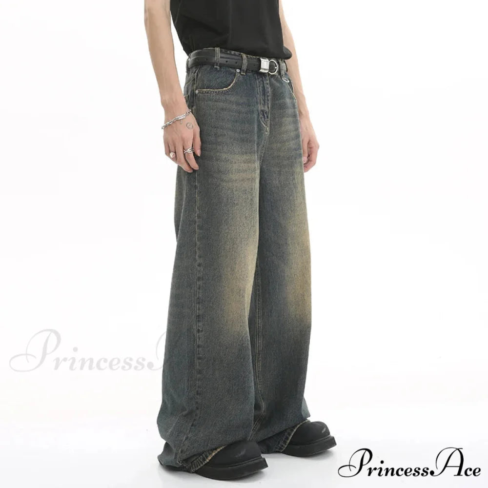 Old Male Pants Summer Blue Washed Denim Casual Menwear Wide Leg Trousers 2024 New Fashion Jeans