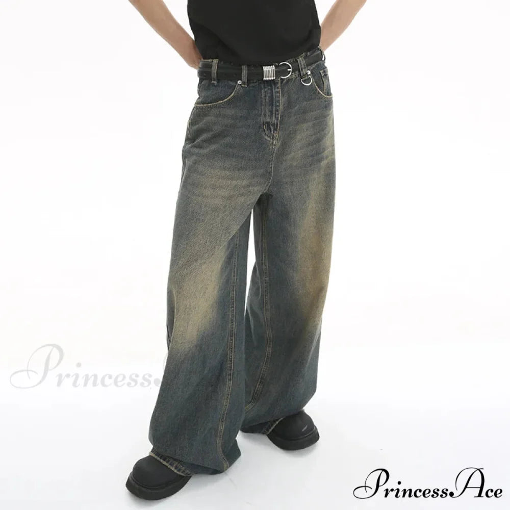 Old Male Pants Summer Blue Washed Denim Casual Menwear Wide Leg Trousers 2024 New Fashion Jeans