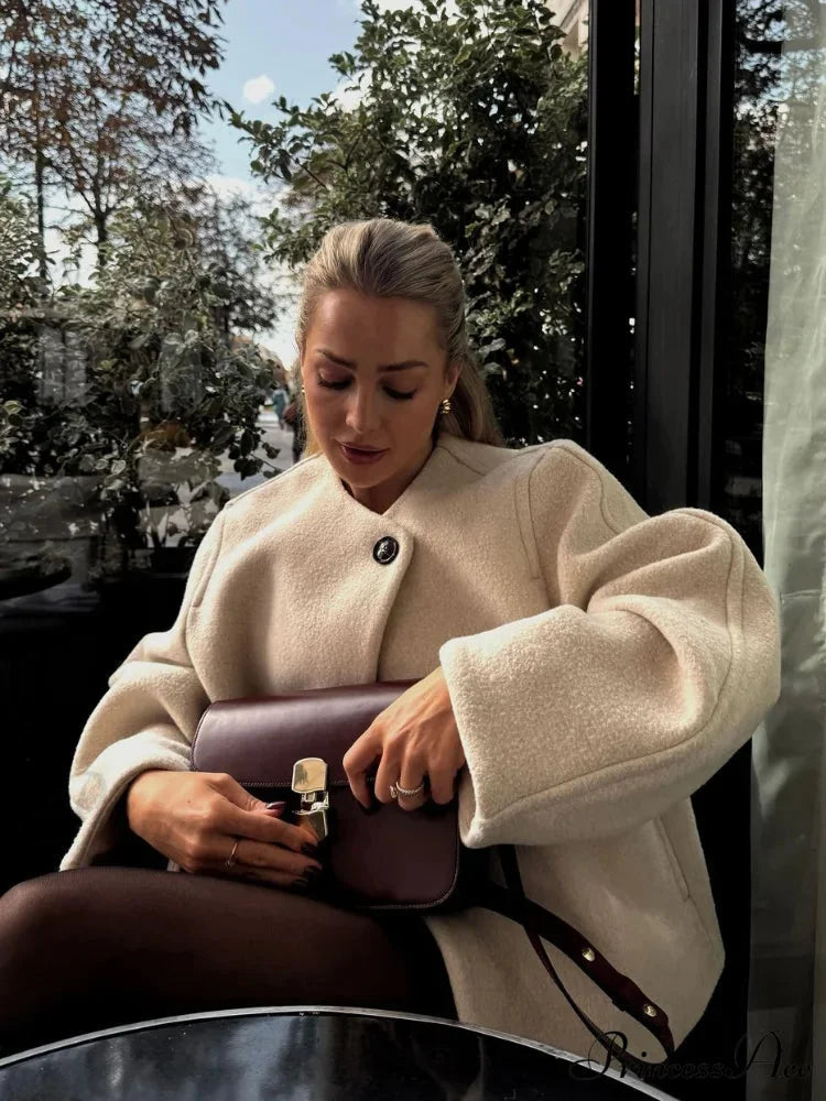 One-Button Woolen O-neck Coat