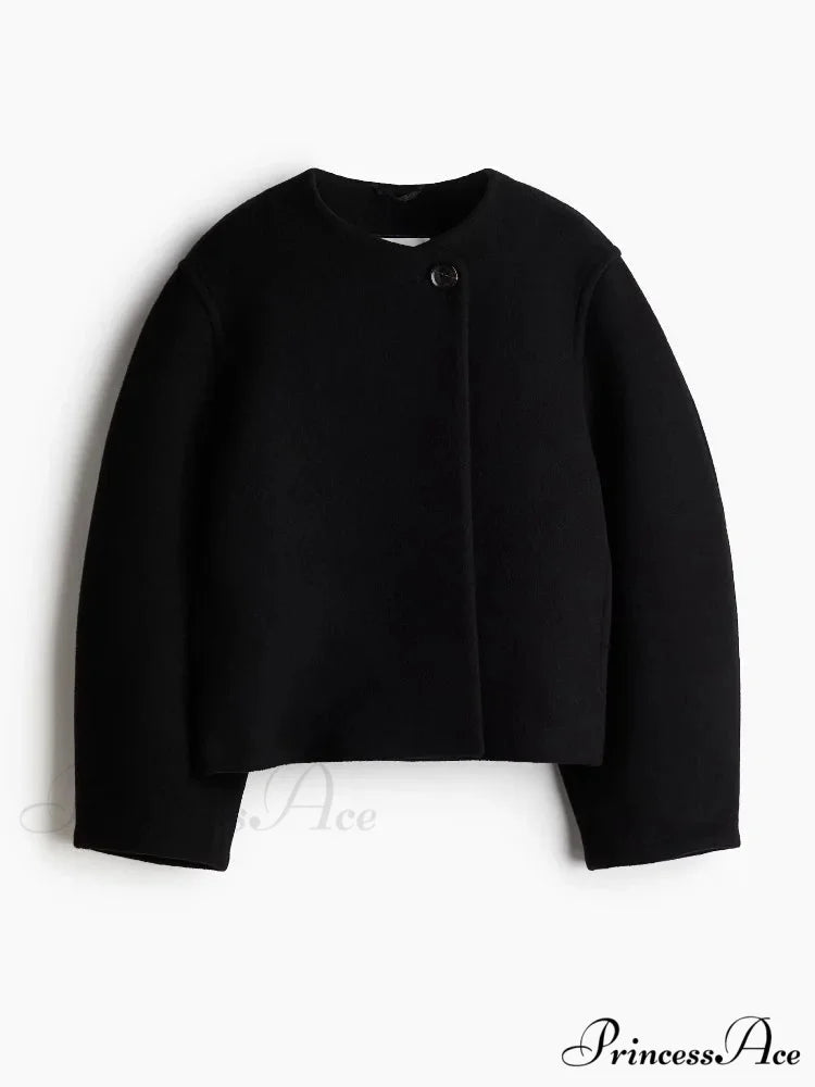 One-Button Woolen O-neck Coat