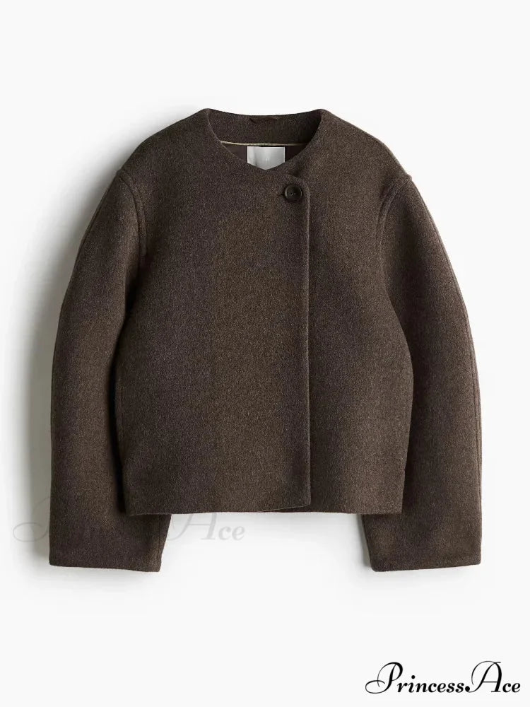 One-Button Woolen O-neck Coat