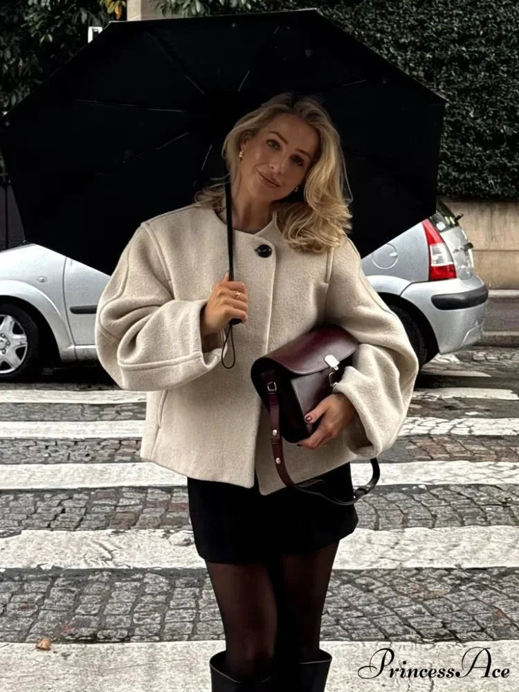 One-Button Woolen O-neck Coat