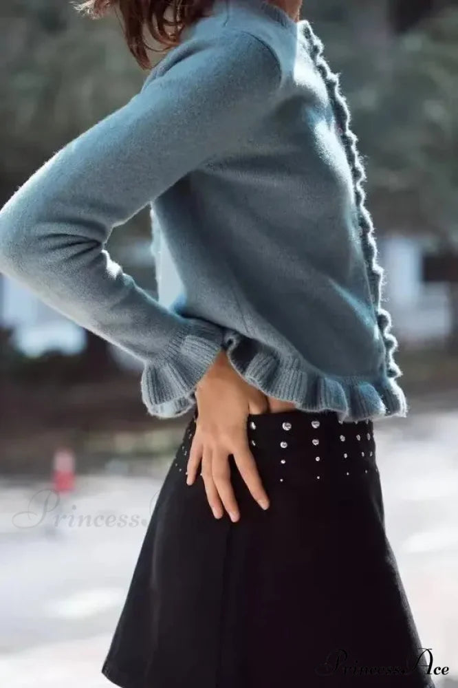 One Buttoned Frilled Circular Neck Cardigan