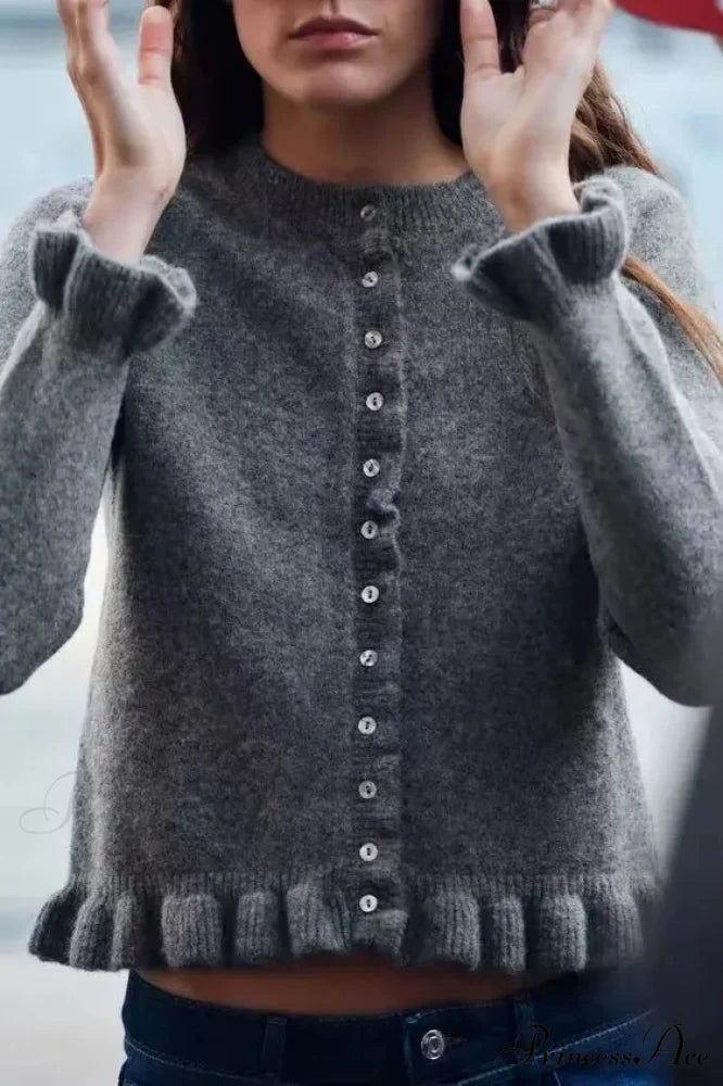One Buttoned Frilled Circular Neck Cardigan