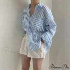 One-Buttoned Striped Lapel Collar Top