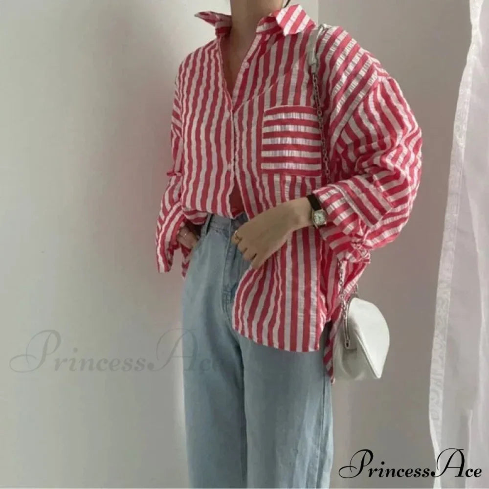 One-Buttoned Striped Lapel Collar Top