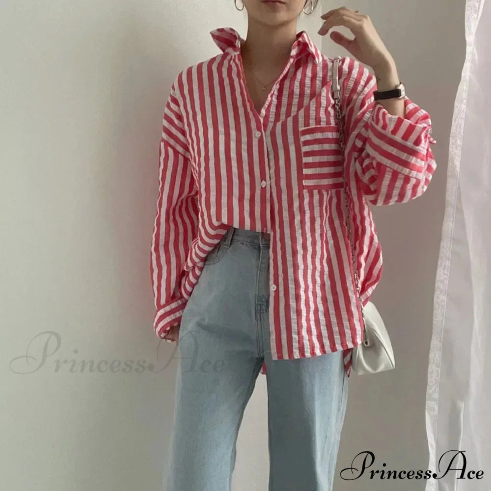 One-Buttoned Striped Lapel Collar Top