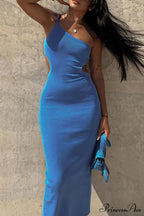 One Shoulder Blue Cutout Dress with Slit Back