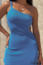 One Shoulder Blue Cutout Dress with Slit Back