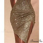 One Shoulder Cut Out Slit Bodycon Sequin Dress