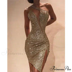 One Shoulder Cut Out Slit Bodycon Sequin Dress