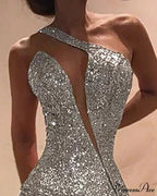 One Shoulder Cut Out Slit Bodycon Sequin Dress