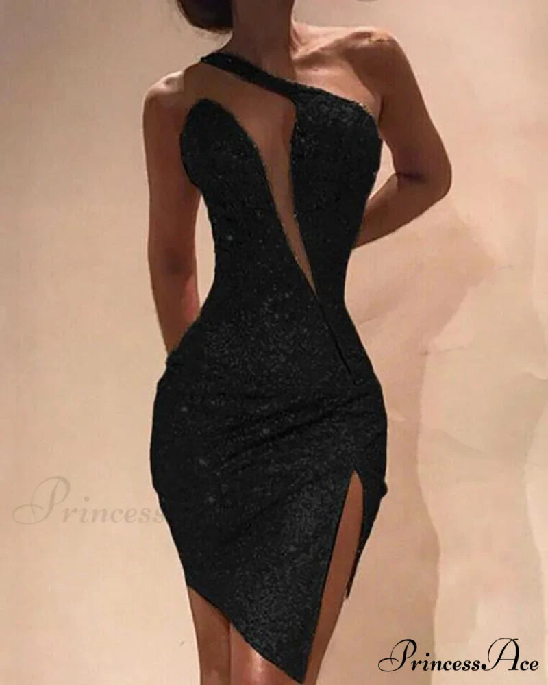 One Shoulder Cut Out Slit Bodycon Sequin Dress