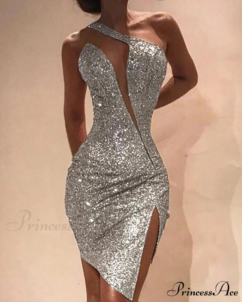 One Shoulder Cut Out Slit Bodycon Sequin Dress