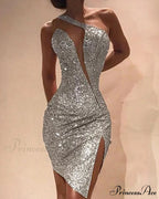 One Shoulder Cut Out Slit Bodycon Sequin Dress