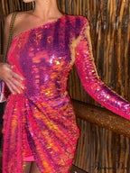 One Shoulder Long Sleeve Golden Sequin Glitter Party Dress