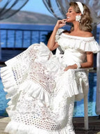 One-Shoulder Ruffled Hollow Swing Graceful Lace Patchwork Long Dress