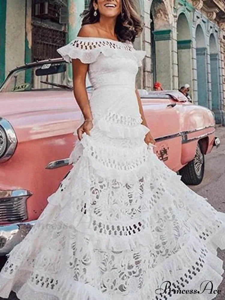 One-Shoulder Ruffled Hollow Swing Graceful Lace Patchwork Long Dress