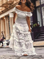 One-Shoulder Ruffled Hollow Swing Graceful Lace Patchwork Long Dress