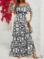 One-Shoulder Short-Sleeve Printed Charming Ruffle Maxi Dress