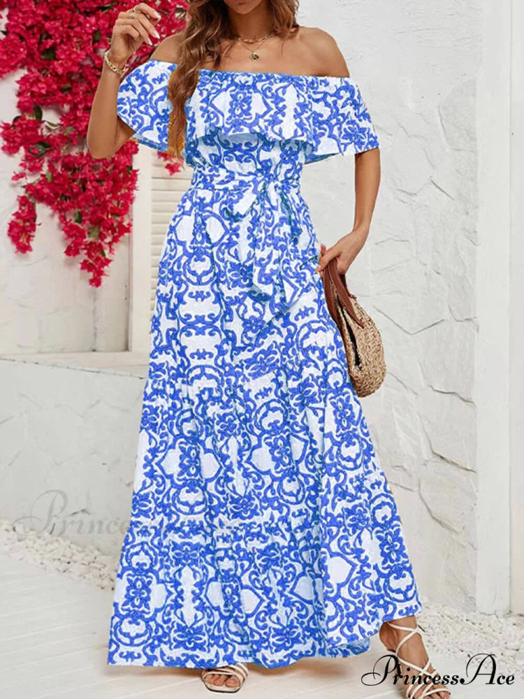 One-Shoulder Short-Sleeve Printed Charming Ruffle Maxi Dress