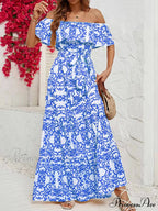 One-Shoulder Short-Sleeve Printed Charming Ruffle Maxi Dress