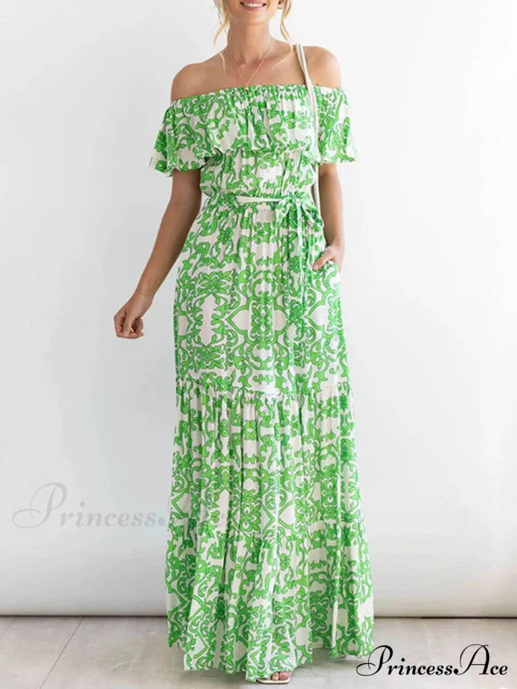 One-Shoulder Short-Sleeve Printed Charming Ruffle Maxi Dress