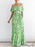One-Shoulder Short-Sleeve Printed Charming Ruffle Maxi Dress